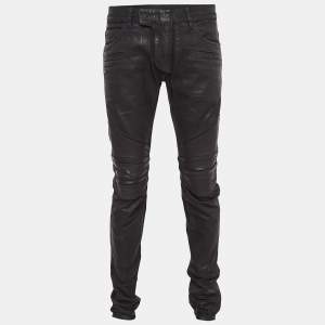 Balmain Black Waxed Leather Trim Denim Jeans M Waist 32"