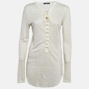 Balmain Off-White Linen Knit Lace-Up Top M