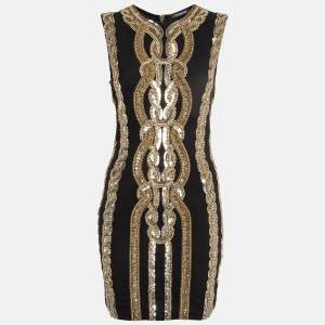 Balmain Black/ Gold Sequin and Crystal Embellished Mesh Mini Dress M