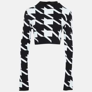 Pre Owned Balmain Black/White Houndstooth Patterned Knit Zip-Up Cardigan M