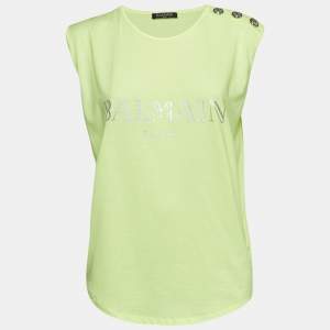 Balmain Fluorescent Green Logo Print Jersey Sleeveless T-Shirt M