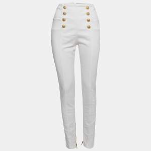 Balmain White Denim Button Embellished High Waist Pants L