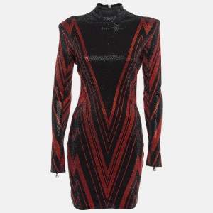 Balmain Black/Red Chevron Patterned Crystal Embellished Jersey Mini Dress M
