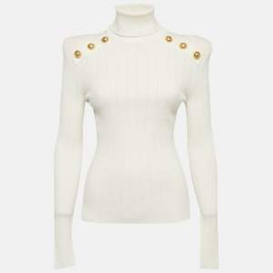 Balmain White Rib Knit Structured Shoulders Turtleneck Sweater M