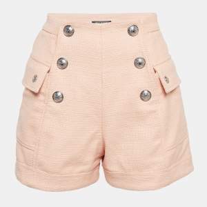 Balmain Light Orange Canvas Button Embellished High-Waist Shorts S