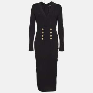Balmain Black Pinhole Patterned Knit Zip-Up Full Sleeves Bodycon Dress L
