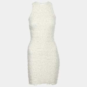Pre Owned Balmain Cream Textured Nylon Blend Pearl Detail Midi Dress XS