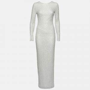 Pre Owned Balmain White Sequin & Bead Embellished Mesh Gown S