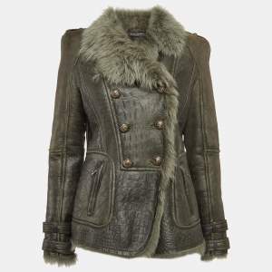 Balmain Green Genuine Leather Double Breasted Fur Collar Jacket L