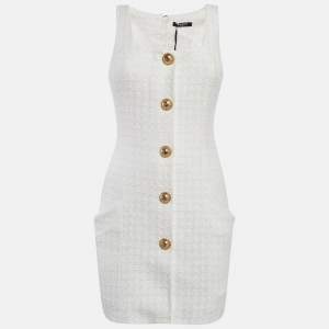 Pre Owned Balmain White Bouclé Tweed Button Detail Mini Dress S