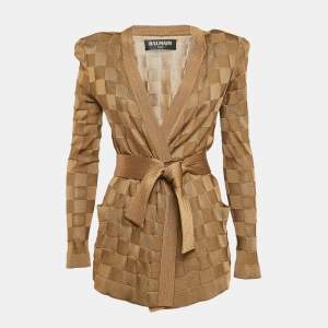 Balmain Brown Woven Pattern Jersey Open Front Belted Cardigan S