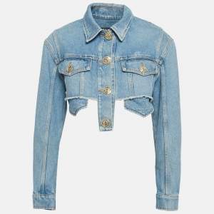 Balmain Blue Distressed Denim Raw Edge Crop Jacket S