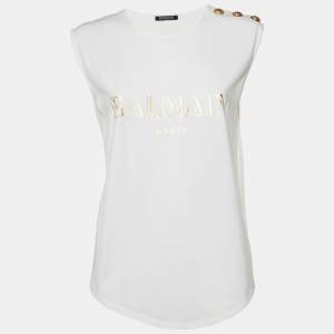 Pre Owned Balmain White Logo Print Cotton Sleeveless T-Shirt M 