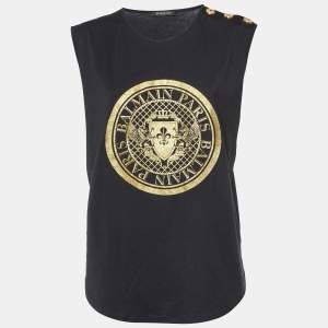 Balmain Black Logo Print Cotton Sleeveless T-Shirt L