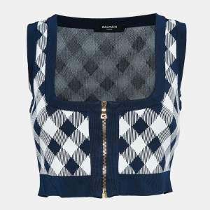 Balmain Blue/White Checked Stretch Knit Zip-Up Crop Top S