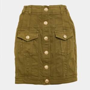 Balmain Olive Green Distressed Denim Accents Mini Skirt S