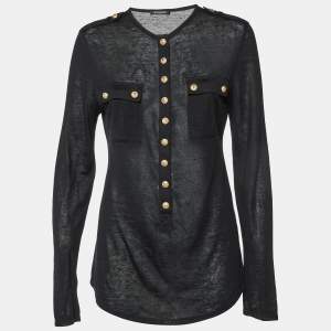 Pre Owned Balmain Black Linen Knit Button Detail Long Sleeve Top M