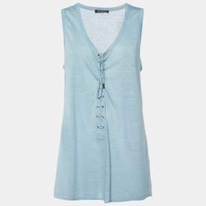 Balmain Navy Blue Cashmere Knit Lace-Up Tank Top M