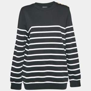 Balmain Black Striped Cotton Knit Crew Neck Sweatshirt L