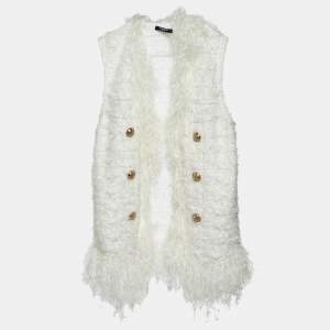 Balmain White Patterned Knit Fringed Open Front Cardigan M