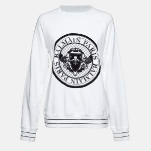 Balmain White Logo Flock Print Cotton Sweatshirt M