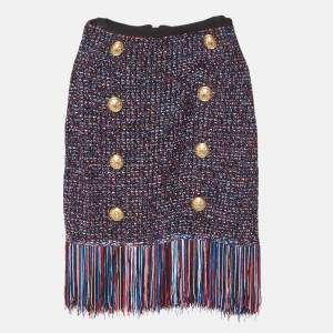 Balmain Multicolor Knit Button Detail Fringed Mini Skirt M