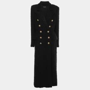 Balmain Black Mohair Wool Double Breasted Long Coat L