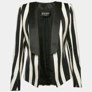 Balmain Black/White Stripe Cotton Blend Open Front Blazer M