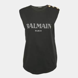 Balmain Black Logo Print Jersey Button Detail Tank Top S