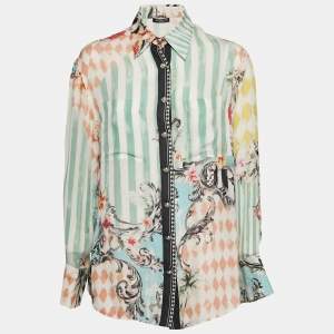 Balmain Green Stripe and Floral Print Chiffon Shirt L