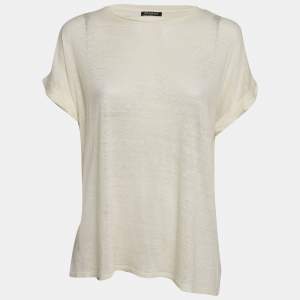 Balmain Cream Linen Knit Short Sleeve Top L
