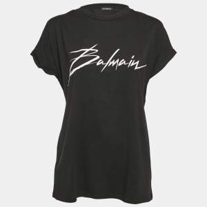 Balmain Black Logo Print Cotton Crew Neck T-Shirt M