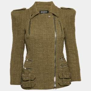 Balmain Olive Green Tweed Zipper Detail Jacket M