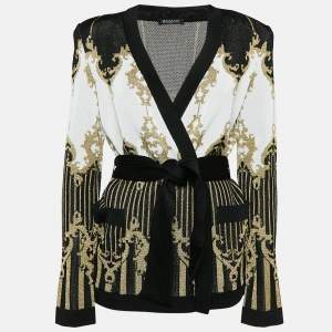 Balmain Metallic Patterned Lurex Knit Belted Cardigan L