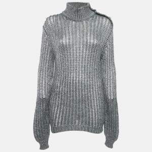 Pre Owned Balmain Silver/Grey Lurex Knit High Neck Jumper L
