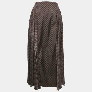 Balmain Brown  Monogram Print Satin Pleated Midi Skirt M