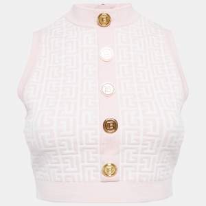 Balmain Pink Monogram Jacquard Knit Sleeveless Crop Top S