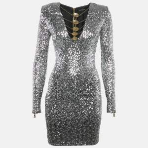 Balmain Silver Sequin Metal Detail V-Neck Mini Dress S