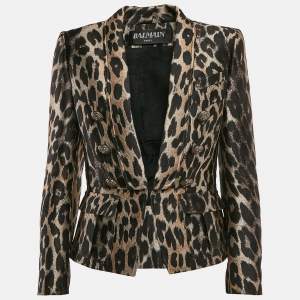 Balmain Brown Leopard Pattern Jacquard Button Detail Blazer M