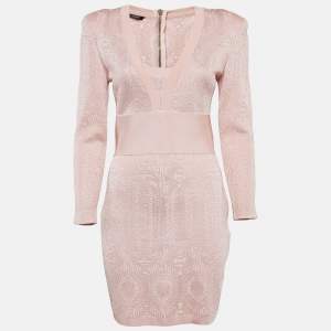 Balmain Pink Patterned Knit Full Sleeve V-Neck Mini Dress M