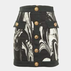 Balmain Monochrome Marble Print Cotton Button Detail Mini Skirt S