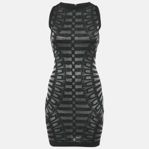 Balmain Black Patterned Knit Sleeveless Mini Bodycon Dress S
