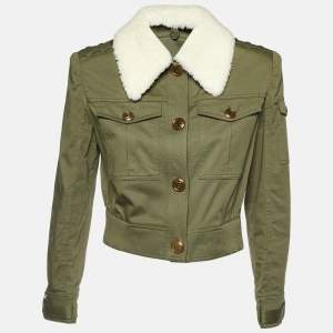 Pre Owned Balmain Blue Green Shearling Trim Cotton Structured Shoulder Jacket M