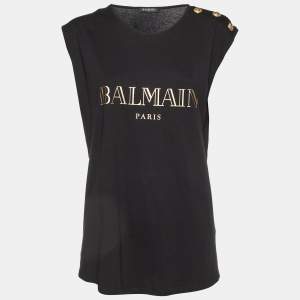 Balmain Black Logo Print Jersey Sleeveless T-Shirt L