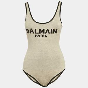 Balmain Beige Linen Blend Knit Round Neck Bodysuit S