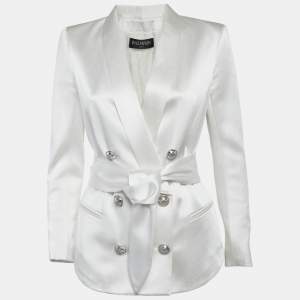 Balmain White Satin Belted Double Breasted Blazer M