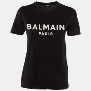 Balmain Black Logo Flock Print Cotton Crew Neck T-Shirt XS 