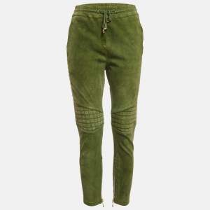 Balmain Olive Green Suede Quilt Detail Pants M