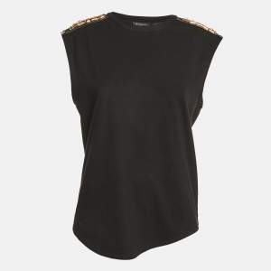 Balmain Black Leather and Brass Shoulder Embellished Jersey T-Shirt M
