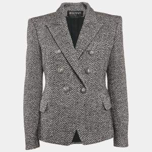 Balmain Black/White Herringbone Button Detail Double Breasted Blazer L